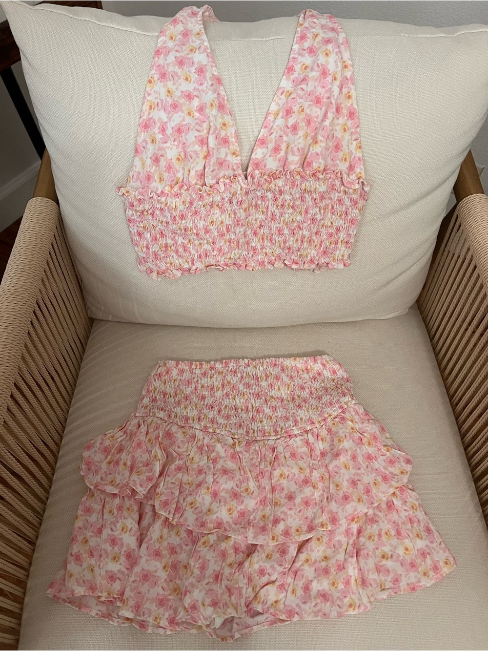 Cotton Candy Pink Floral Smocked Crop Top & Ruffle Skort Set